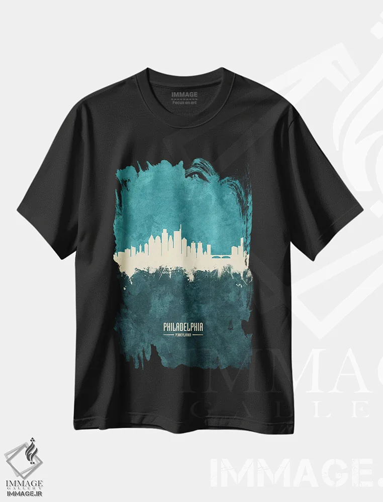 تیشرت مشکی طرح دار – تیشرت مینیمال ,منظرهٔ خط افق فیلادلفیا، پنسیلوانیا اثر مایکل تامپست immage.ir