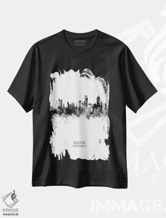 تیشرت مشکی طرح دار – تیشرت مینیمال ,خط افق پرتره بوستون ماساچوست سیاه و سفید اثر مایکل تامپست immage.ir