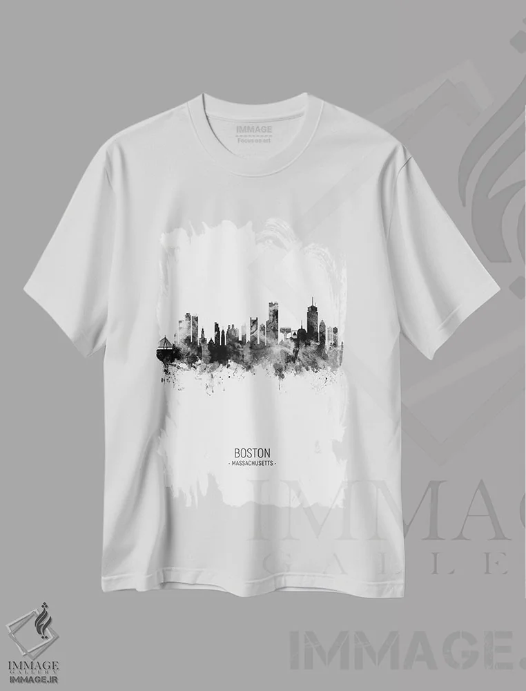 تیشرت سفید طرح دار – تیشرت مینیمال ,خط افق پرتره بوستون ماساچوست سیاه و سفید اثر مایکل تامپست فروشگاه ایماژ