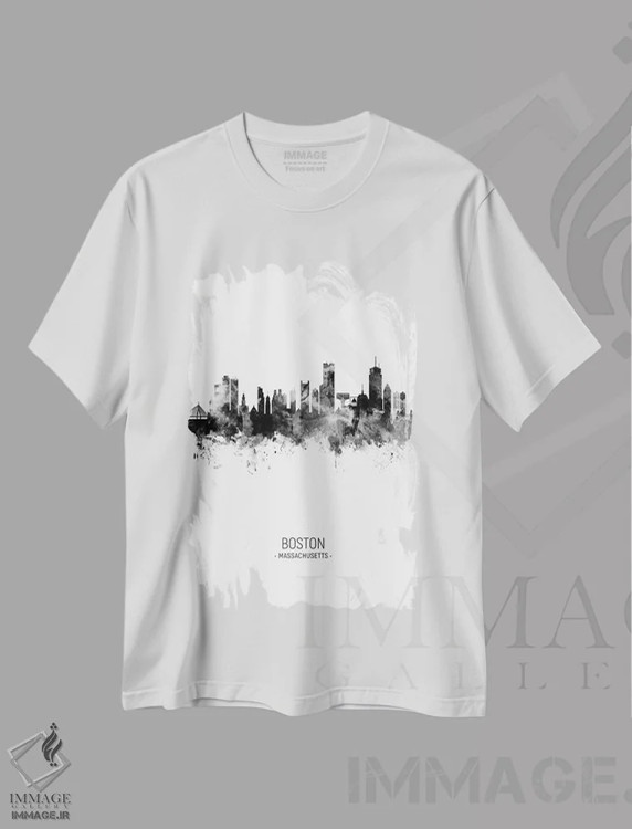 تیشرت سفید طرح دار – تیشرت مینیمال ,خط افق پرتره بوستون ماساچوست سیاه و سفید اثر مایکل تامپست فروشگاه ایماژ