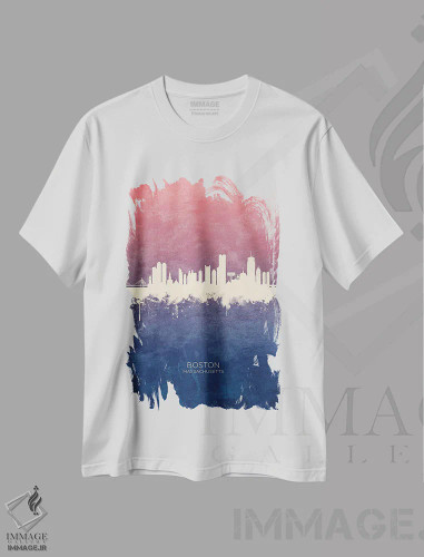 تیشرت سفید طرح دار – تیشرت هنری بوستون ,خط افق بوستون ماساچوست با گل رز آبی اثر مایکل تامپست فروشگاه ایماژ