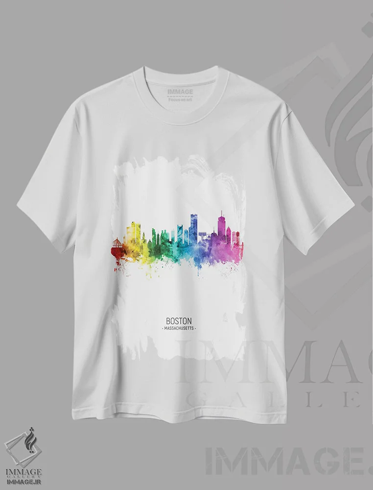 تیشرت سفید طرح دار – تیشرت رنگی ,خط افق قدی بوستون رنگین کمانی اثر مایکل تامپست فروشگاه ایماژ