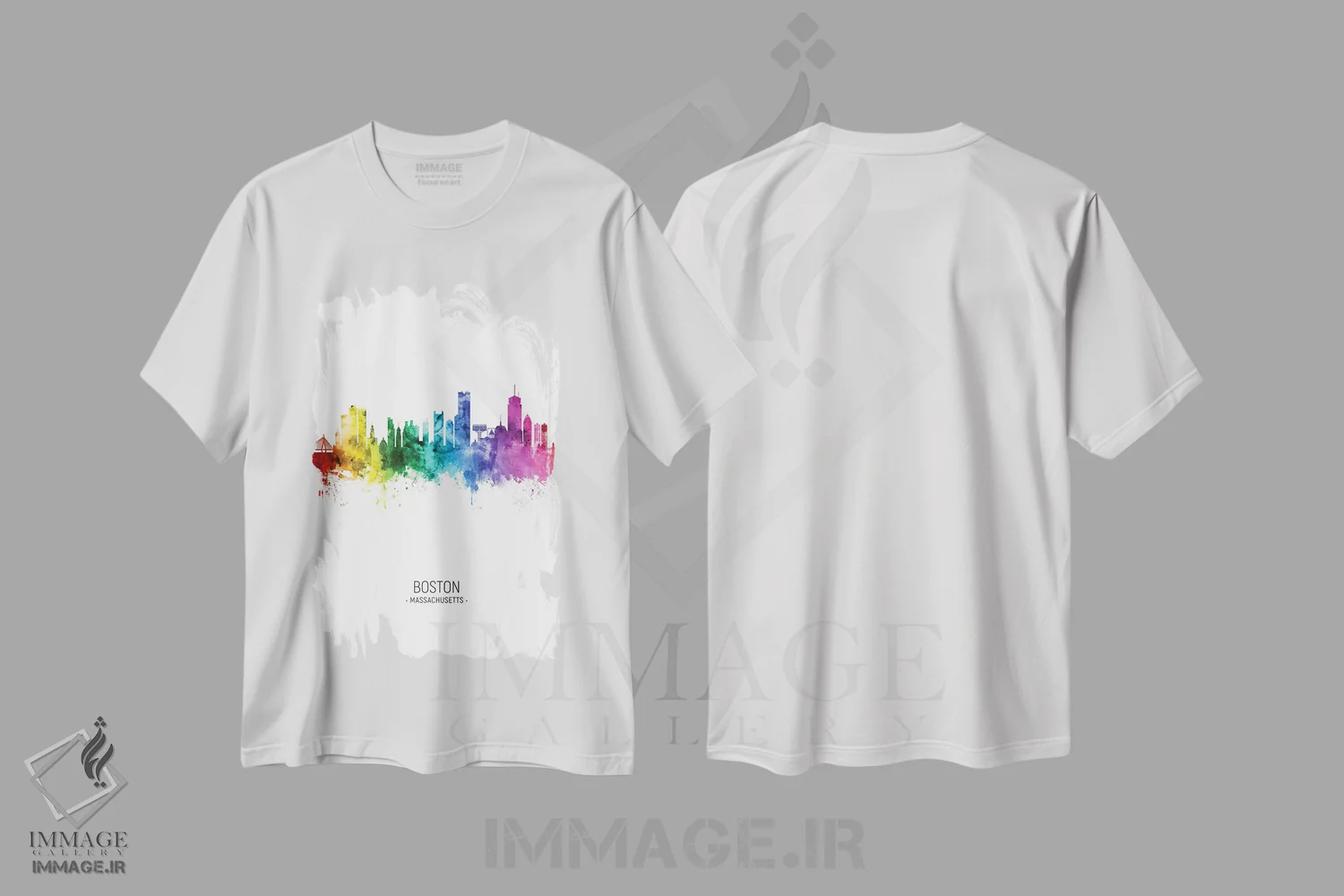 تیشرت سفید طرح دار – تیشرت رنگی ,خط افق قدی بوستون رنگین کمانی اثر مایکل تامپست فروشگاه ایماژ