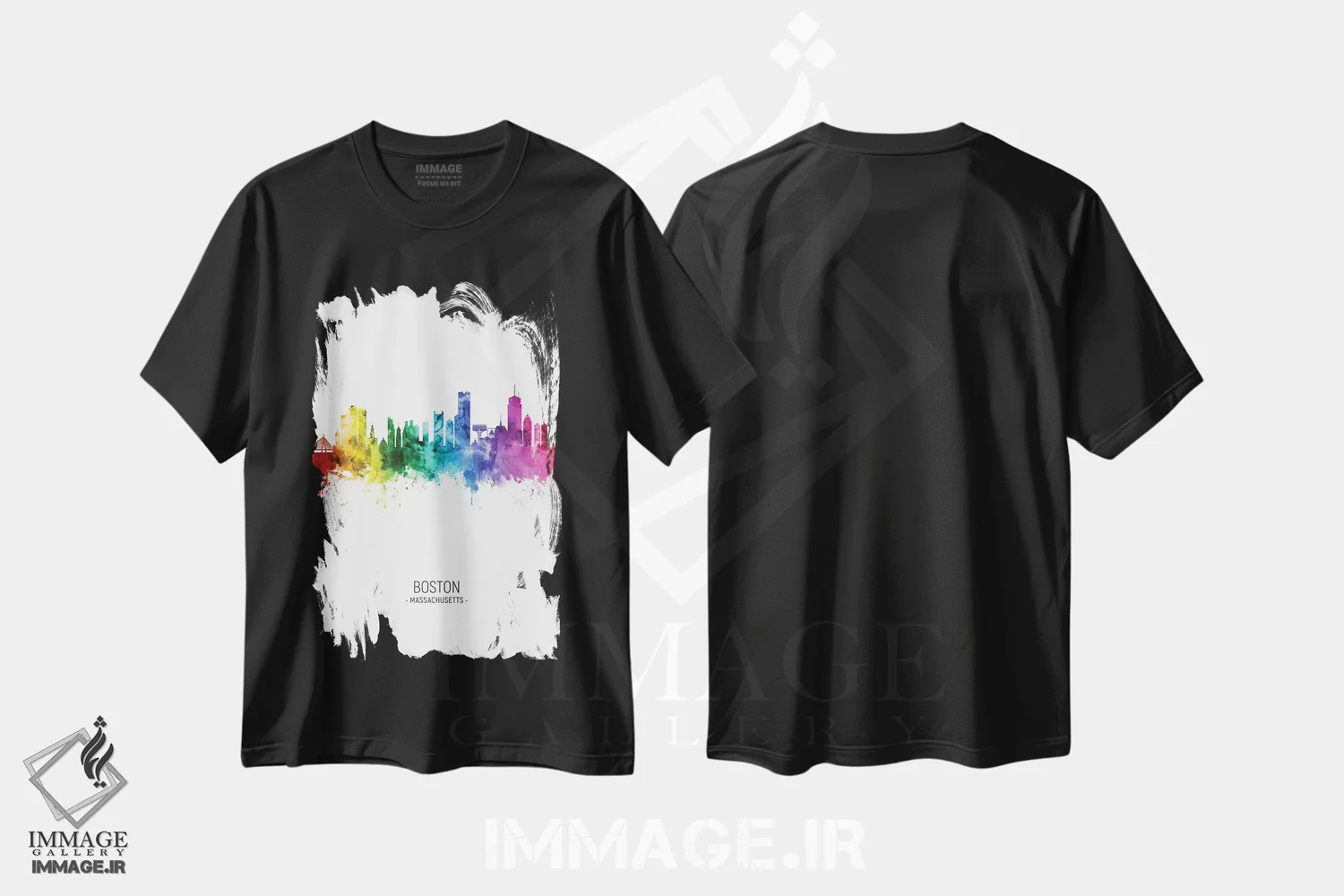 تیشرت مشکی طرح دار – تیشرت رنگی ,خط افق قدی بوستون رنگین کمانی اثر مایکل تامپست immage.ir