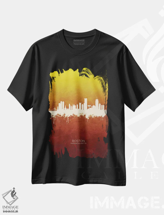 تیشرت مشکی طرح دار – تیشرت لوکس شهری ,خط افق بوستون ماساچوست قرمز و طلایی اثر مایکل تامپست فروشگاه ایماژ