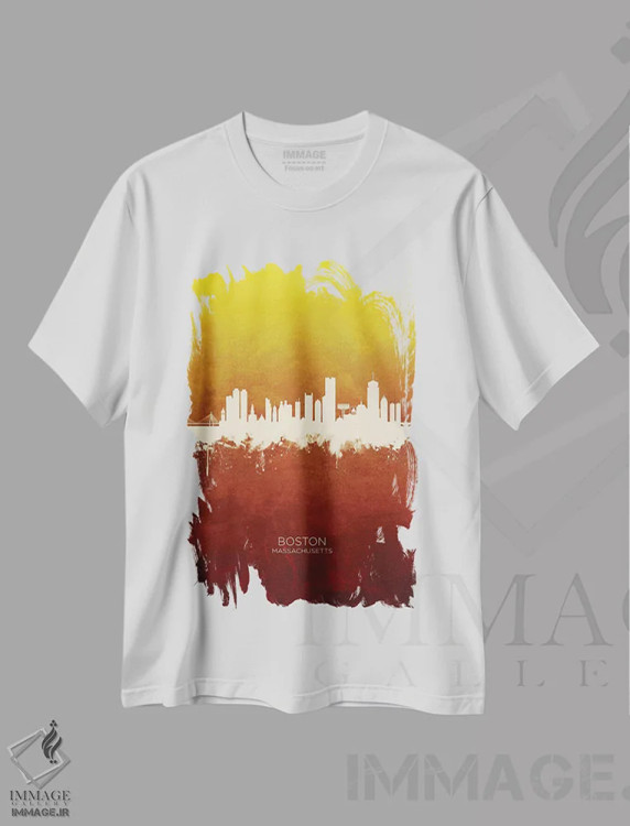 تیشرت سفید طرح دار – تیشرت لوکس شهری ,خط افق بوستون ماساچوست قرمز و طلایی اثر مایکل تامپست immage.ir