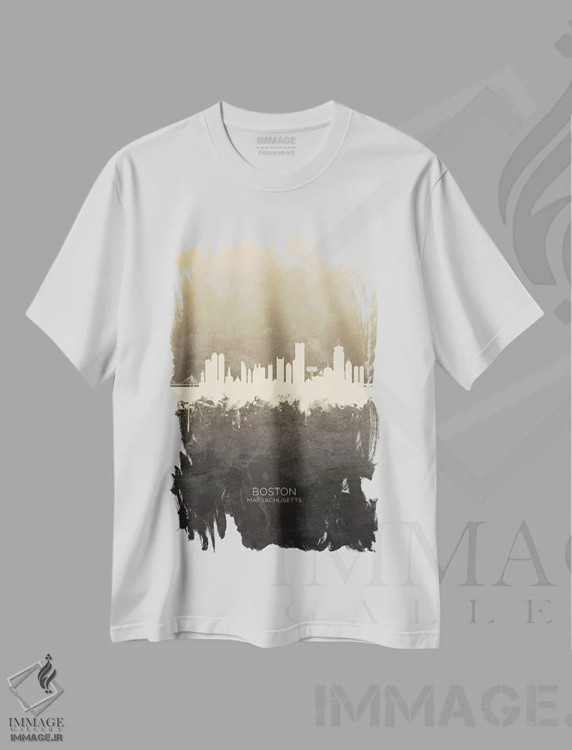 تیشرت سفید طرح دار – تیشرت مینیمال شهری ,خط افق بوستون ماساچوست خاکستری مایل به قهوه ای اثر مایکل تامپست immage.ir