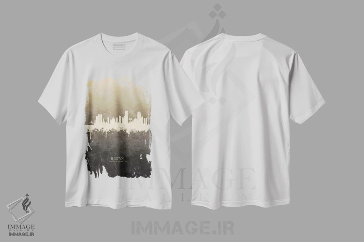 تیشرت سفید طرح دار – تیشرت مینیمال شهری ,خط افق بوستون ماساچوست خاکستری مایل به قهوه ای اثر مایکل تامپست immage.ir