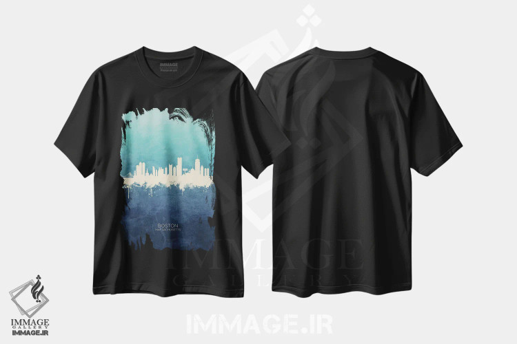 تیشرت مشکی طرح دار – تیشرت هنری آبی ,خط افق بوستون ماساچوست سرمه ای فیروزه ای اثر مایکل تامپست immage.ir