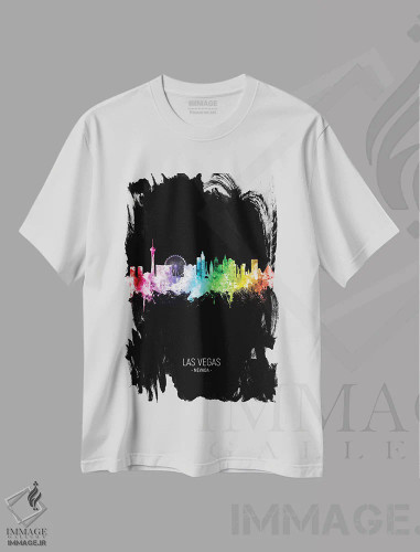 تیشرت سفید طرح دار – تیشرت اسپرت ,خط افق پرتره لاس وگاس نوادا رنگین کمانی روی زمینه مشکی اثر مایکل تامپست فروشگاه ایماژ