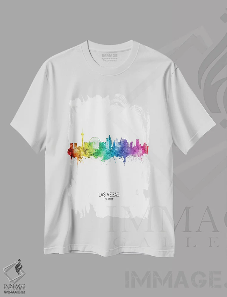 تیشرت سفید طرح دار – تیشرت گرافیکی رنگی ,خط افق قدی لاس وگاس نوادا رنگین کمانی اثر مایکل تامپست فروشگاه ایماژ