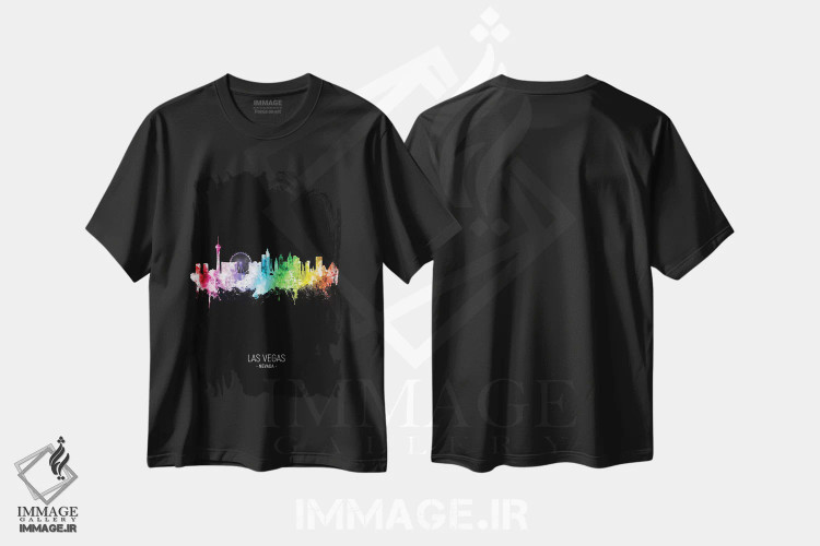تیشرت مشکی طرح دار – تیشرت اسپرت ,خط افق پرتره لاس وگاس نوادا رنگین کمانی روی زمینه مشکی اثر مایکل تامپست immage.ir