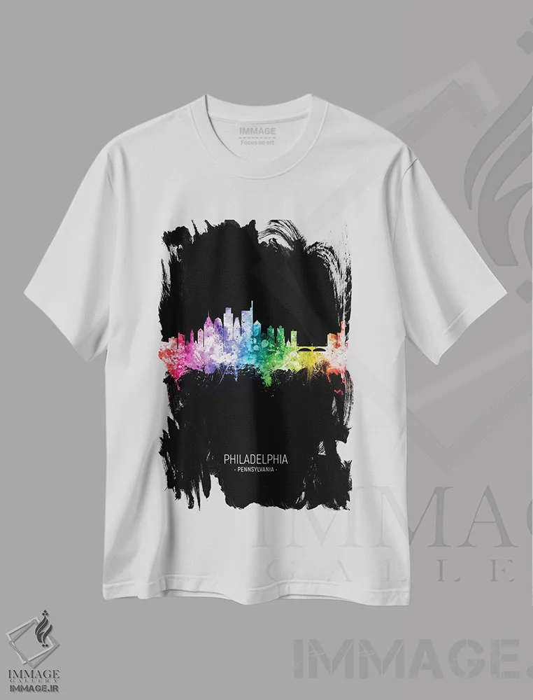تیشرت سفید طرح دار – تیشرت شهری ,خط افق پرتره فیلادلفیا رنگین کمانی روی زمینه مشکی اثر مایکل تامپست فروشگاه ایماژ