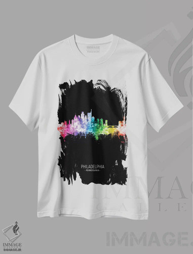 تیشرت سفید طرح دار – تیشرت شهری ,خط افق پرتره فیلادلفیا رنگین کمانی روی زمینه مشکی اثر مایکل تامپست فروشگاه ایماژ