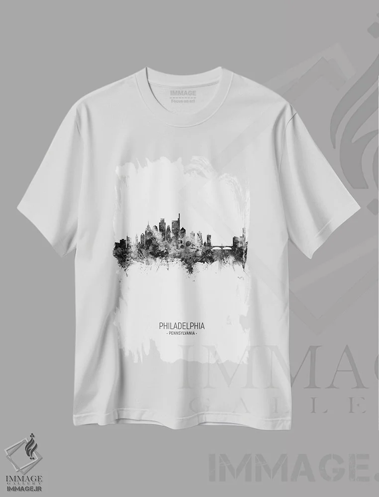 تیشرت سفید طرح دار – تیشرت سیاه سفید ,خط افق پرتره فیلادلفیا سیاه و سفید اثر مایکل تامپست immage.ir