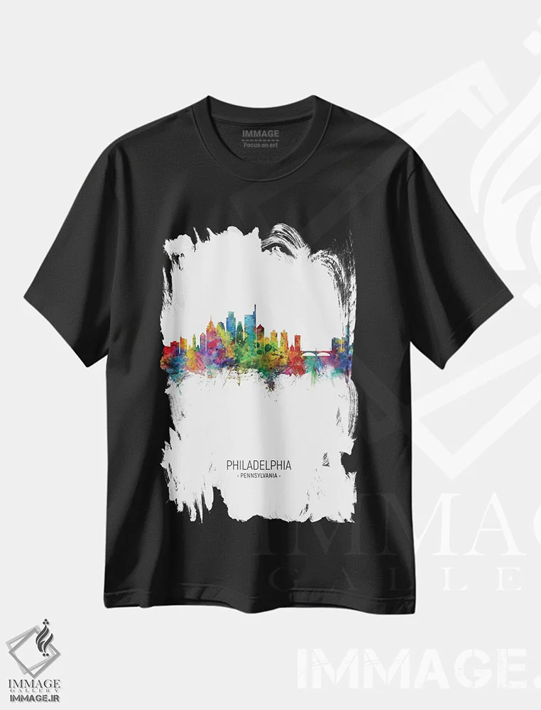 تیشرت مشکی طرح دار – تیشرت شهری ,خط افق پرتره فیلادلفیا اثر مایکل تامپست فروشگاه ایماژ