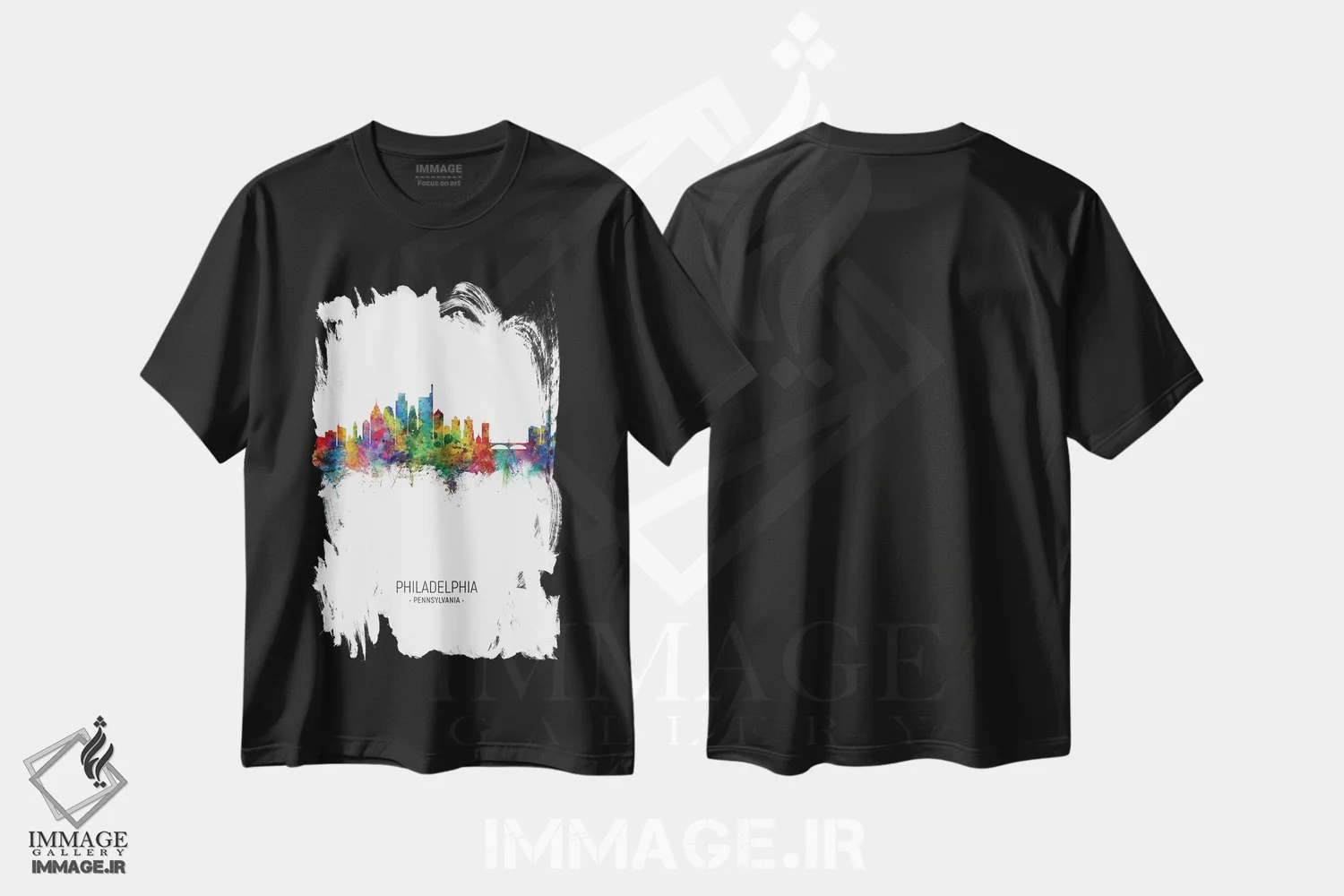 تیشرت مشکی طرح دار – تیشرت شهری ,خط افق پرتره فیلادلفیا اثر مایکل تامپست فروشگاه ایماژ