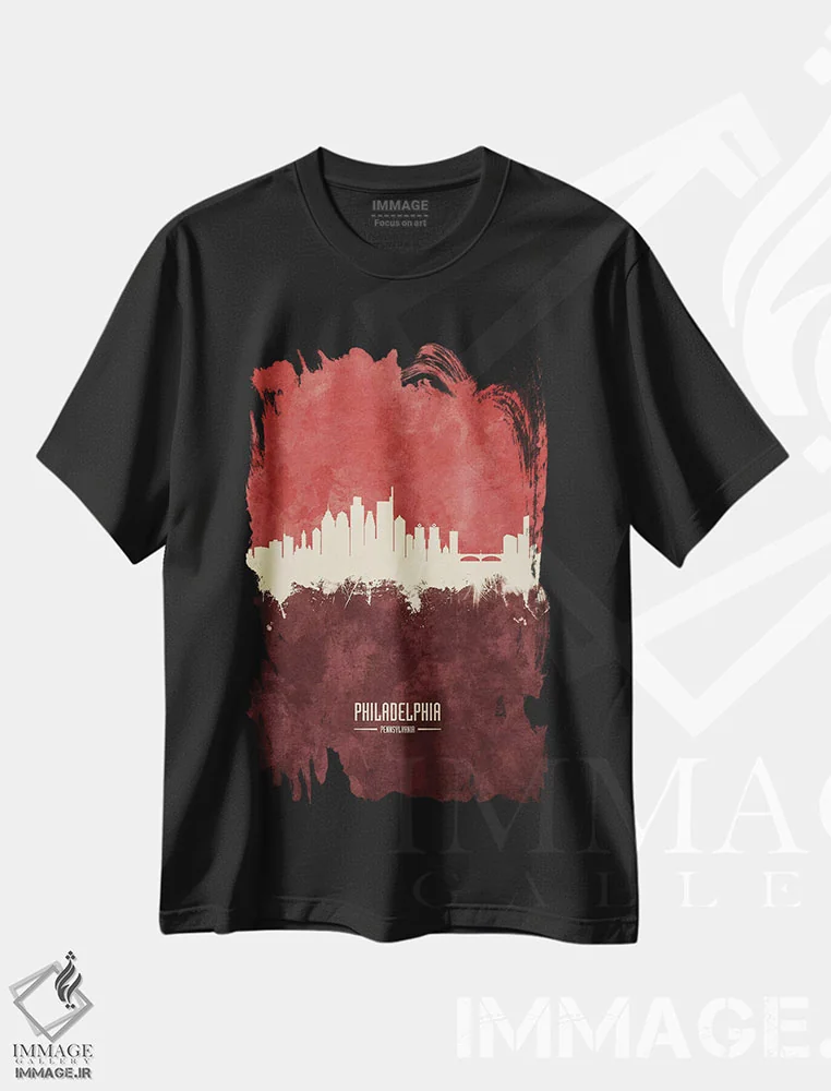 تیشرت مشکی طرح دار – تیشرت مدرن ,خط افق فیلادلفیا بورگاندی اثر مایکل تامپست immage.ir