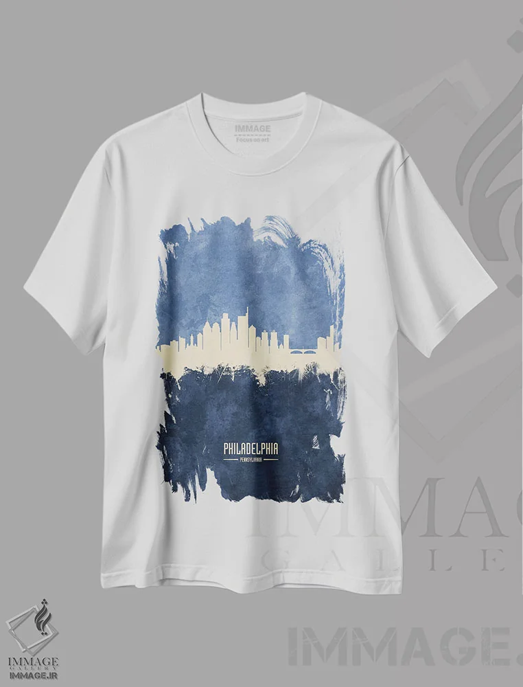 تیشرت سفید طرح دار – تیشرت شهری ,خط افق فیلادلفیا پنسیلوانیا سرمه ای اثر مایکل تامپست فروشگاه ایماژ