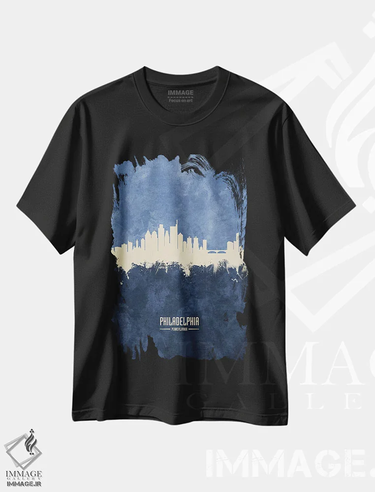 تیشرت مشکی طرح دار – تیشرت شهری ,خط افق فیلادلفیا پنسیلوانیا سرمه ای اثر مایکل تامپست immage.ir