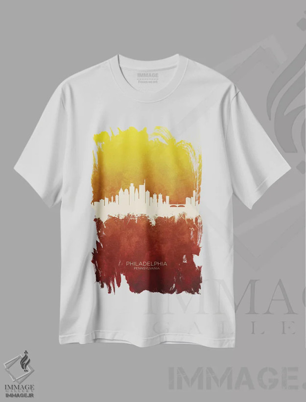 تیشرت سفید طرح دار – تیشرت مدرن ,خط افق فیلادلفیا قرمز و طلایی اثر مایکل تامپست فروشگاه ایماژ