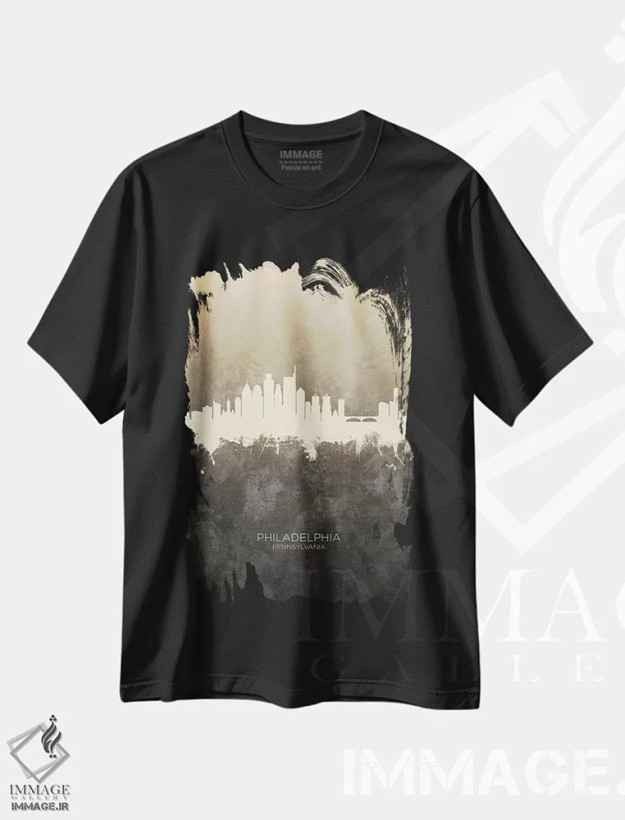 تیشرت مشکی طرح دار – تیشرت مینیمال ,خط افق فیلادلفیا پنسیلوانیا خاکستری مایل به قهوه ای اثر مایکل تامپست فروشگاه ایماژ