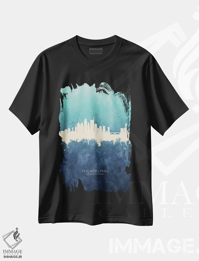 تیشرت مشکی طرح دار – تیشرت مدرن ,خط افق فیلادلفیا سرمه ای فیروزه ای اثر مایکل تامپست immage.ir