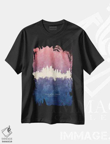 تیشرت مشکی طرح دار – تیشرت هنری ,خط افق فیلادلفیا با گل رز آبی اثر مایکل تامپست فروشگاه ایماژ