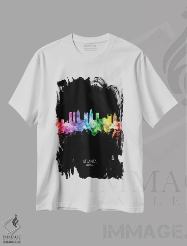 تیشرت سفید طرح دار – تیشرت اسپرت ,منظرهٔ پرتره آتلانتا جورجیا با رنگین کمان و مشکی اثر مایکل تامپست فروشگاه ایماژ