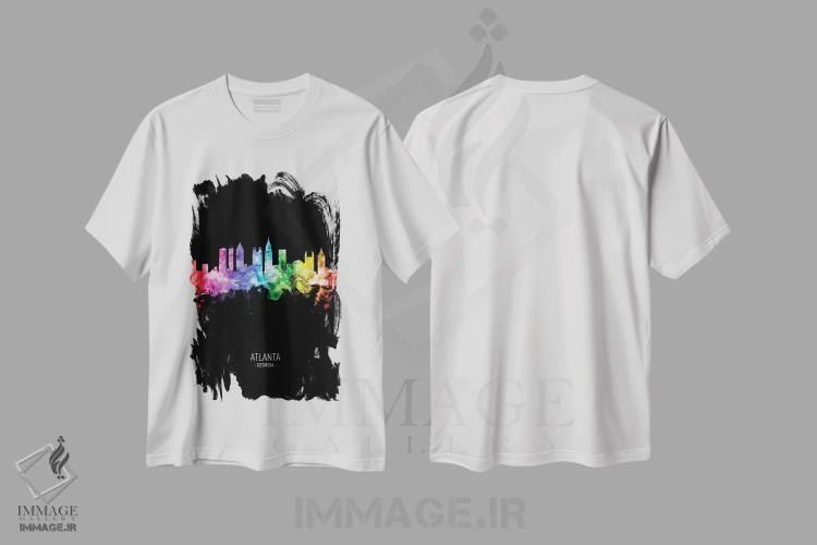 تیشرت سفید طرح دار – تیشرت اسپرت ,منظرهٔ پرتره آتلانتا جورجیا با رنگین کمان و مشکی اثر مایکل تامپست فروشگاه ایماژ