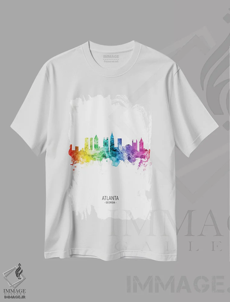 تیشرت سفید طرح دار – تیشرت گرافیکی ,منظرهٔ آتلانتا جورجیا با رنگین کمان اثر مایکل تامپست immage.ir