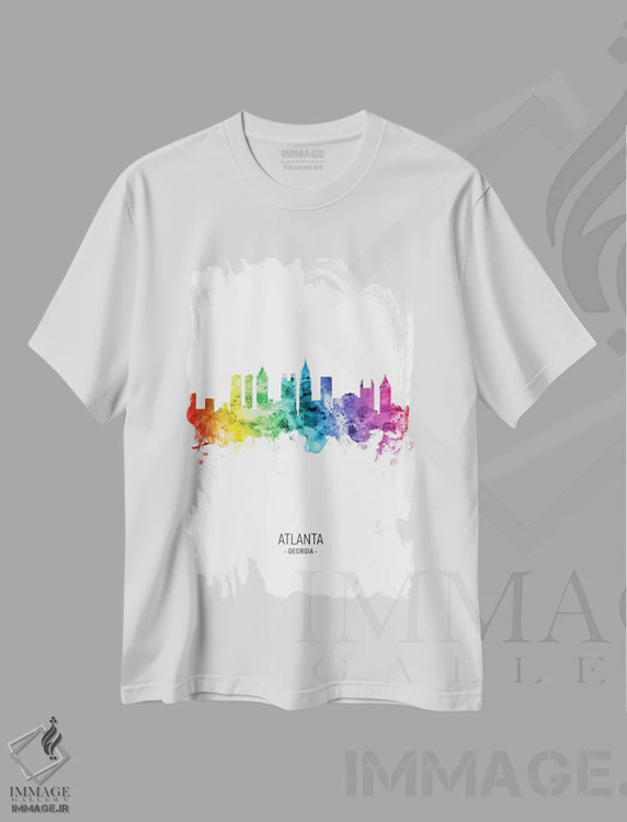 تیشرت سفید طرح دار – تیشرت گرافیکی ,منظرهٔ آتلانتا جورجیا با رنگین کمان اثر مایکل تامپست immage.ir
