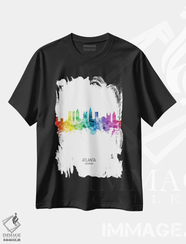 تیشرت مشکی طرح دار – تیشرت گرافیکی ,منظرهٔ آتلانتا جورجیا با رنگین کمان اثر مایکل تامپست فروشگاه ایماژ