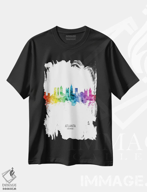 تیشرت مشکی طرح دار – تیشرت گرافیکی ,منظرهٔ آتلانتا جورجیا با رنگین کمان اثر مایکل تامپست فروشگاه ایماژ
