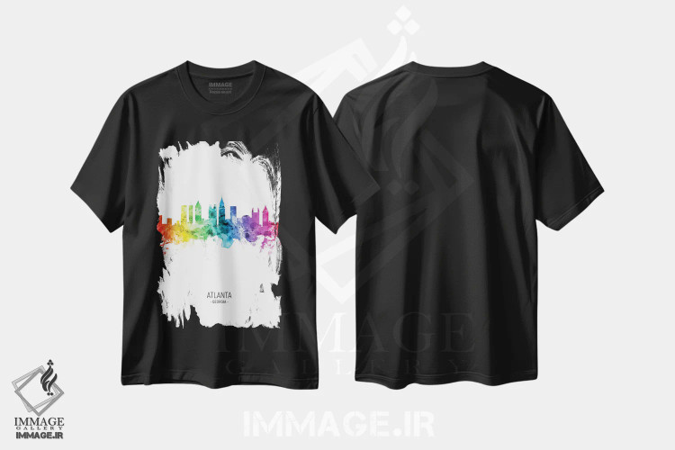 تیشرت مشکی طرح دار – تیشرت گرافیکی ,منظرهٔ آتلانتا جورجیا با رنگین کمان اثر مایکل تامپست فروشگاه ایماژ