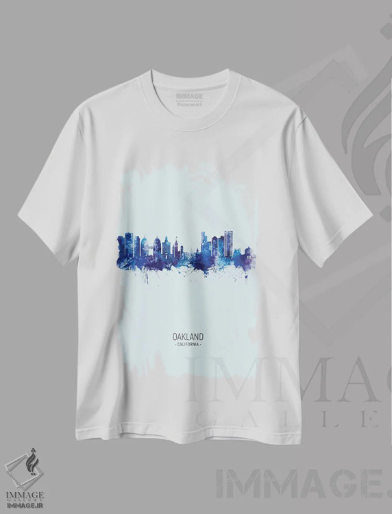 تیشرت سفید طرح دار – تیشرت شهری ,منظرهٔ پرتره اوکلند کالیفرنیا با آبی تیره اثر مایکل تامپست immage.ir
