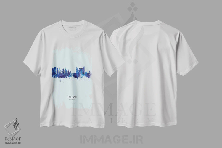 تیشرت سفید طرح دار – تیشرت شهری ,منظرهٔ پرتره اوکلند کالیفرنیا با آبی تیره اثر مایکل تامپست immage.ir