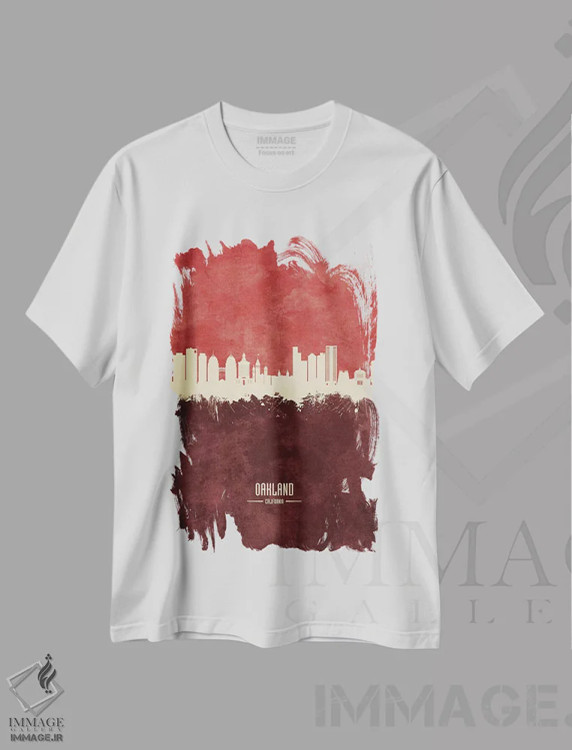 تیشرت سفید طرح دار – تیشرت شهری ,منظرهٔ اوکلند کالیفرنیا با رنگ زرشکی اثر مایکل تامپست فروشگاه ایماژ