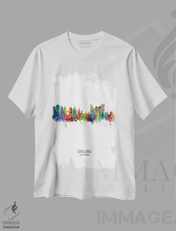 تیشرت سفید طرح دار – تیشرت شهری ,منظرهٔ پرتره اوکلند کالیفرنیا با پاشش رنگین کمانی اثر مایکل تامپست immage.ir