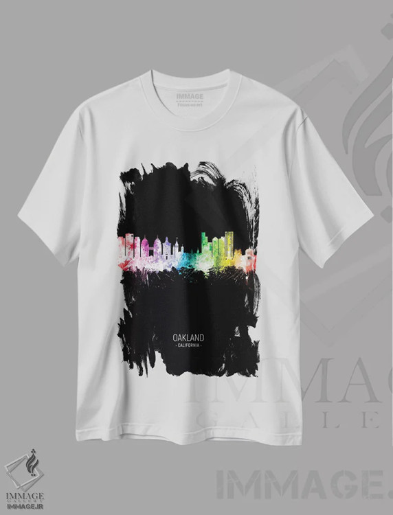 تیشرت سفید طرح دار – تیشرت هنر دیجیتال ,منظرهٔ پرتره اوکلند کالیفرنیا با رنگین کمان و مشکی اثر مایکل تامپست فروشگاه ایماژ