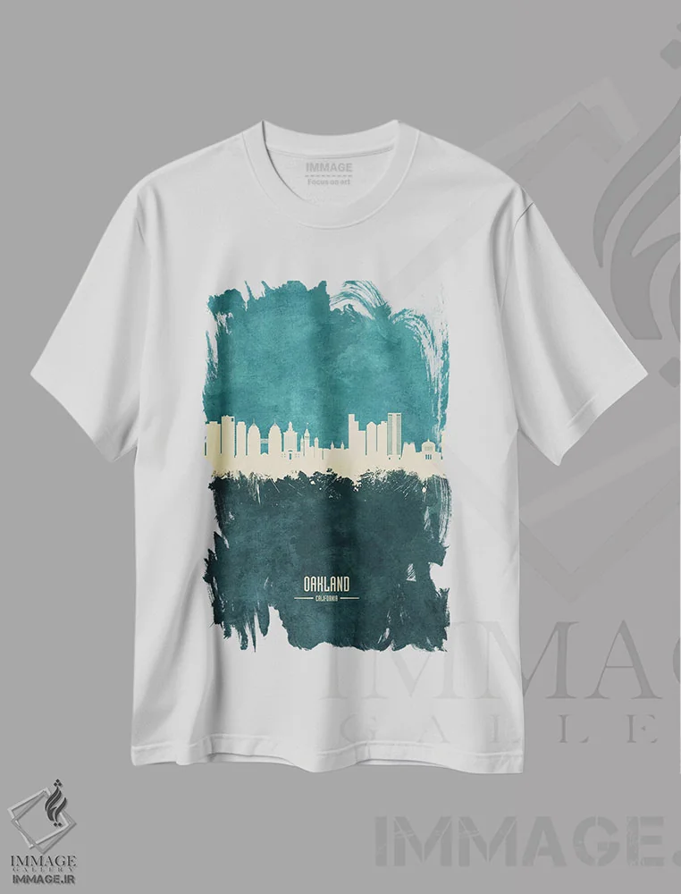 تیشرت سفید طرح دار – تیشرت هنر دیجیتال ,منظرهٔ اوکلند کالیفرنیا با رنگ سبزآبی اثر مایکل تامپست immage.ir