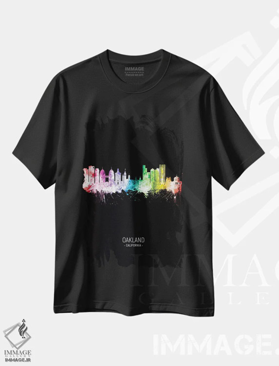 تیشرت مشکی طرح دار – تیشرت هنر دیجیتال ,منظرهٔ پرتره اوکلند کالیفرنیا با رنگین کمان و مشکی اثر مایکل تامپست immage.ir