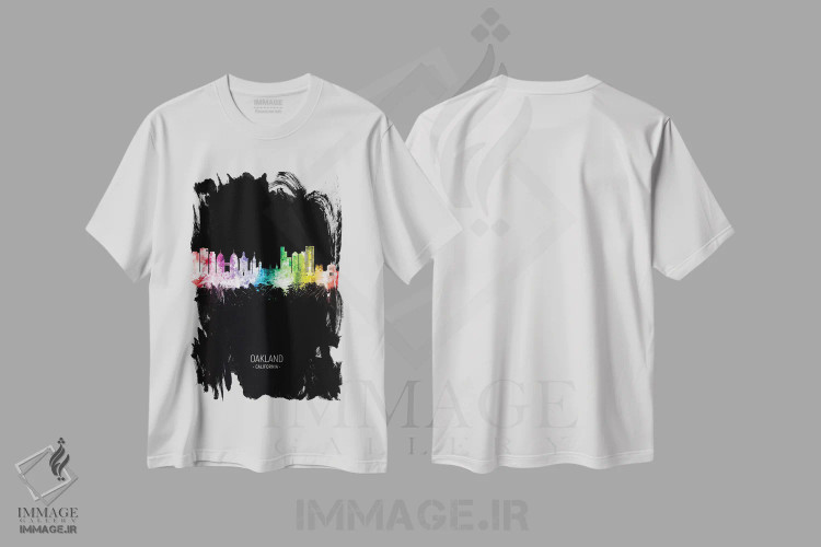 تیشرت سفید طرح دار – تیشرت هنر دیجیتال ,منظرهٔ پرتره اوکلند کالیفرنیا با رنگین کمان و مشکی اثر مایکل تامپست فروشگاه ایماژ