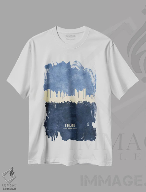 تیشرت سفید طرح دار – تیشرت شهری ,منظرهٔ اوکلند کالیفرنیا با رنگ سرمه ای اثر مایکل تامپست immage.ir