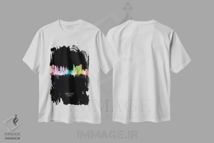 تیشرت سفید طرح دار – تیشرت هنر دیجیتال ,منظرهٔ پرتره اوکلند کالیفرنیا با رنگین کمان و مشکی اثر مایکل تامپست فروشگاه ایماژ