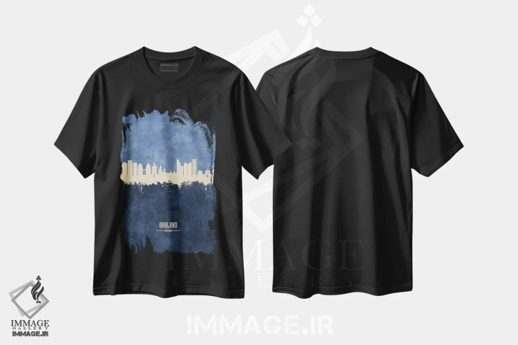 تیشرت مشکی طرح دار – تیشرت شهری ,منظرهٔ اوکلند کالیفرنیا با رنگ سرمه ای اثر مایکل تامپست فروشگاه ایماژ