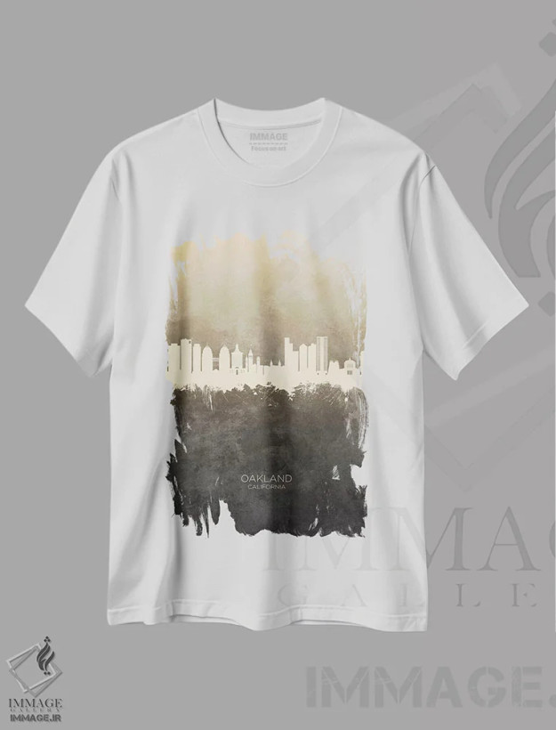 تیشرت سفید طرح دار – تیشرت مینیمال ,منظرهٔ اوکلند کالیفرنیا با رنگ تاپ اثر مایکل تامپست فروشگاه ایماژ