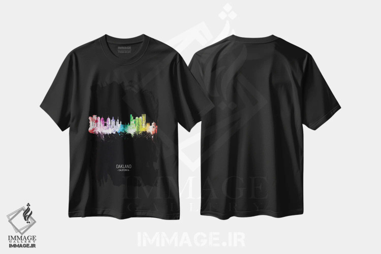 تیشرت مشکی طرح دار – تیشرت هنر دیجیتال ,منظرهٔ پرتره اوکلند کالیفرنیا با رنگین کمان و مشکی اثر مایکل تامپست immage.ir