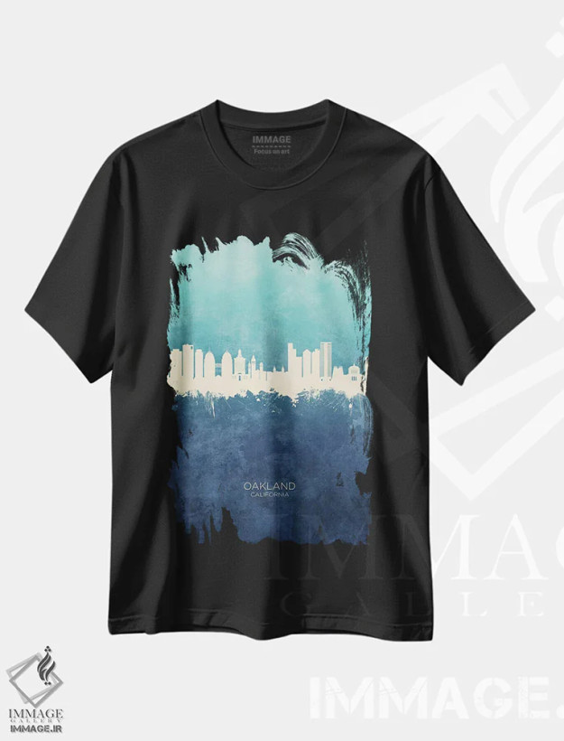تیشرت مشکی طرح دار – تیشرت چهار فصل ,منظرهٔ اوکلند کالیفرنیا با سرمه ای و فیروزه ای اثر مایکل تامپست فروشگاه ایماژ