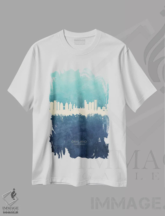 تیشرت سفید طرح دار – تیشرت چهار فصل ,منظرهٔ اوکلند کالیفرنیا با سرمه ای و فیروزه ای اثر مایکل تامپست immage.ir